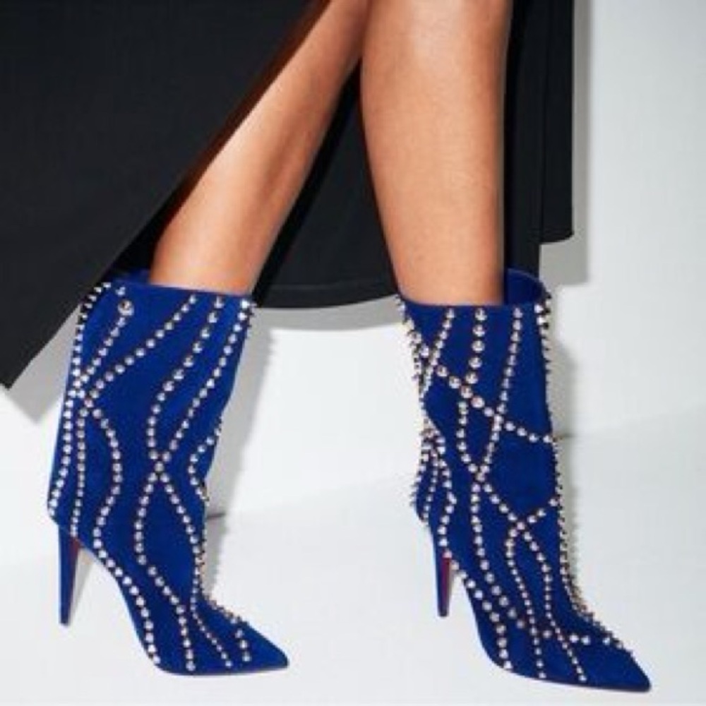 NEW Louboutin Astrilarge Booty Pika 100 Blue Suede Spiked Pointed Toe Boots 40